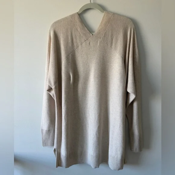 Lou & Grey V-Neck Tunic Sweater L Oatmeal Beige Oversized 100% Cotton EUC - Picture 7 of 15